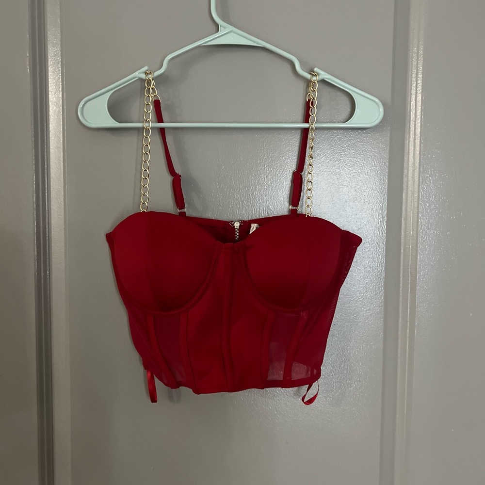 Red say what zip up corset with chain straps